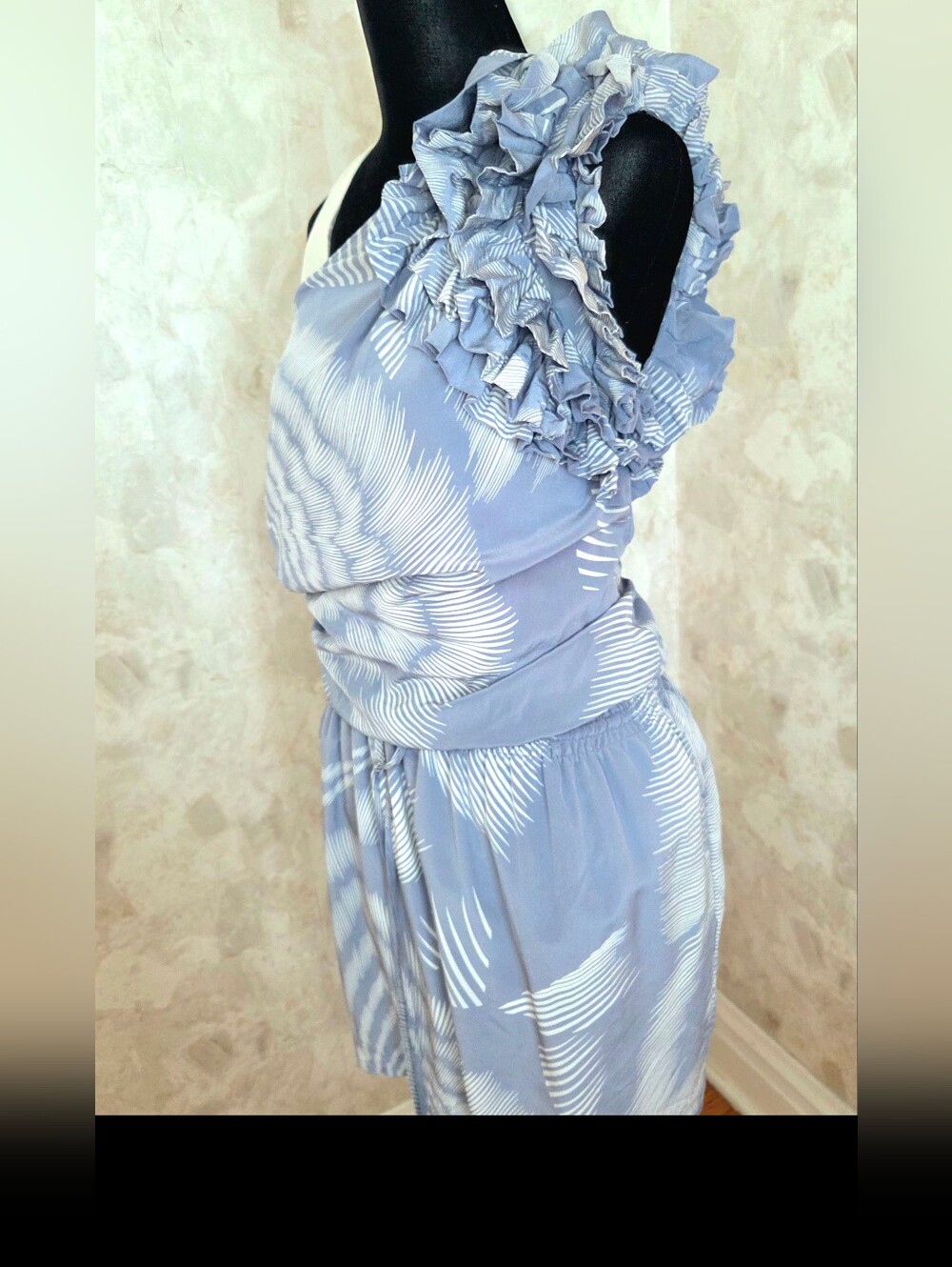Robert Rodriguez Silk One Shoulder Dress Size 6 Blue White Ruffle Resort Vacatio - Picture 9 of 15